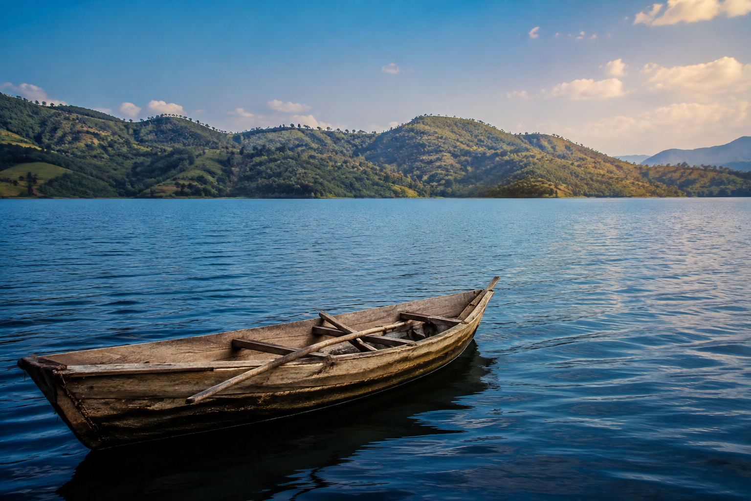 Un lac, une embarcation et des collines évoquant l’ouest du Rwanda