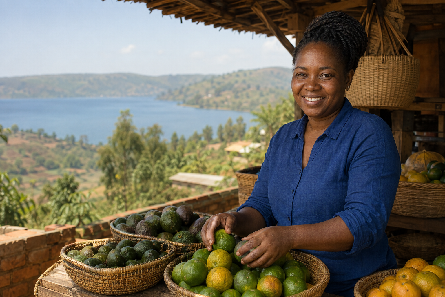 A trader preparing produce at a lakeside market